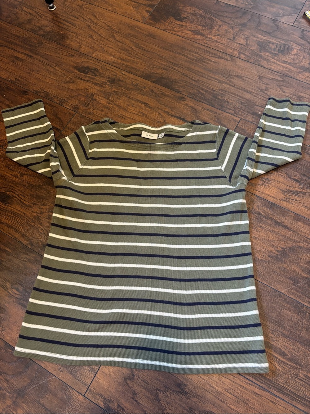L.L. Bean Striped Boatneck Top Large Regular L Reg Olive Green Navy Blue Cotton